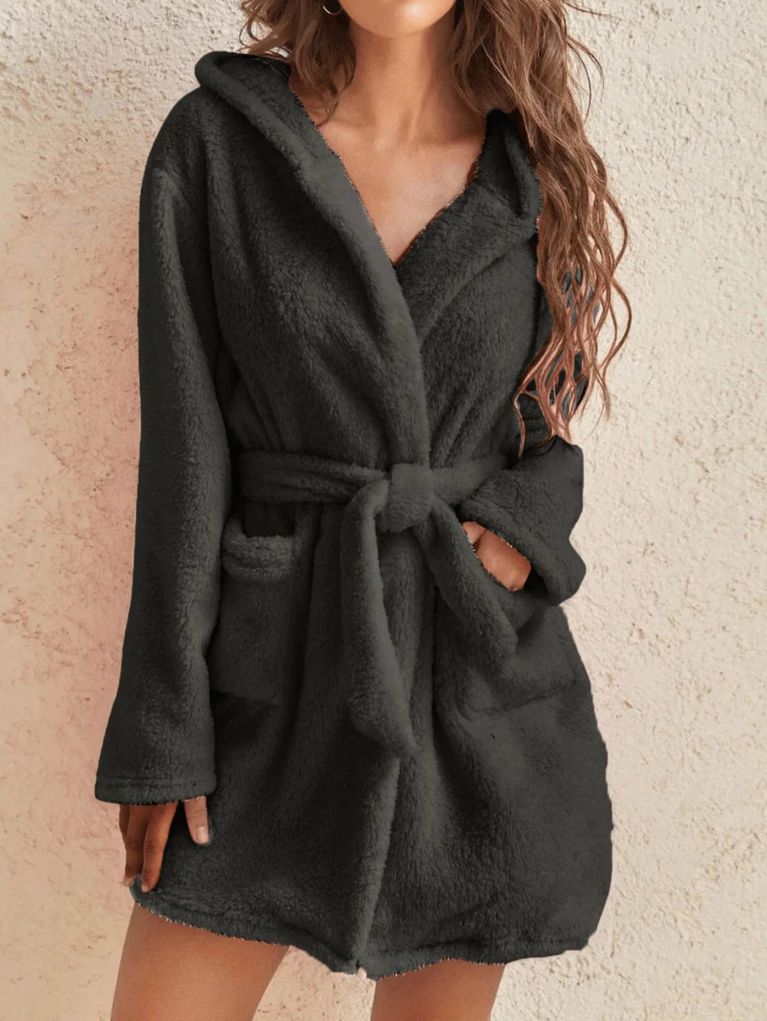 Blue hooded fleece robe with tie belt