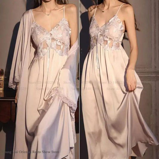 Pink lace nightgown and robe set styled for gifting