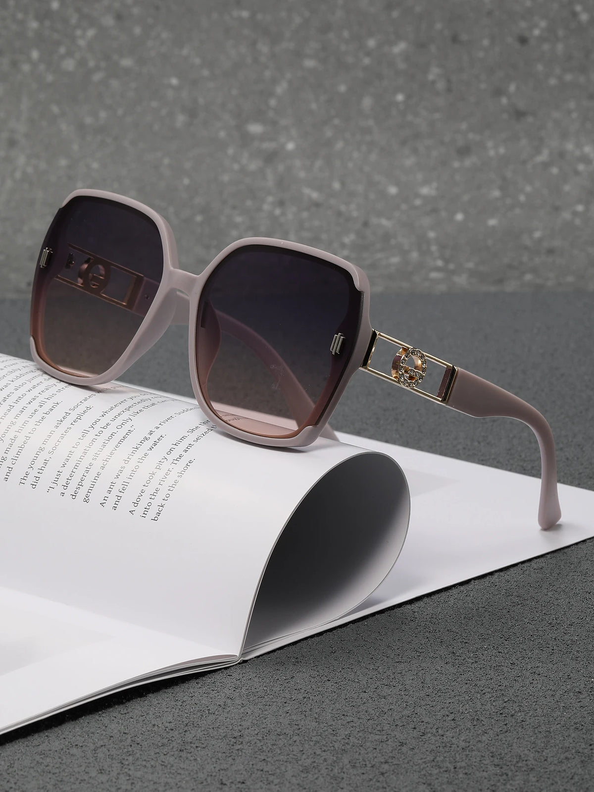 Oversized sunglasses shown with protective case