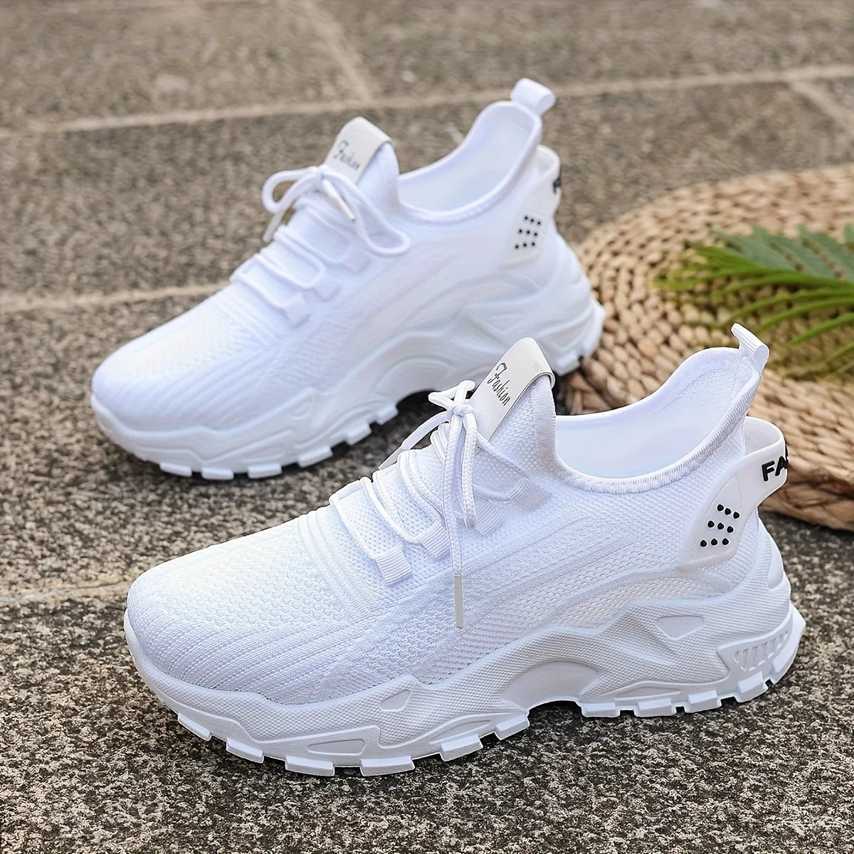 Woman wearing breathable knit sneakers while walking