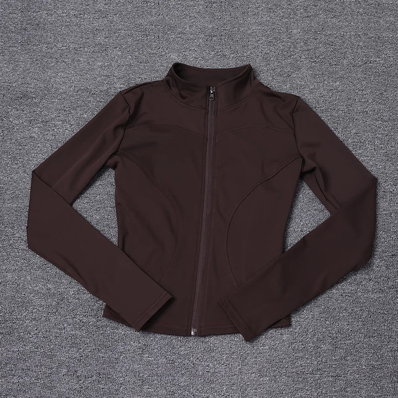 Women's black long-sleeve sport jacket front view for gym training