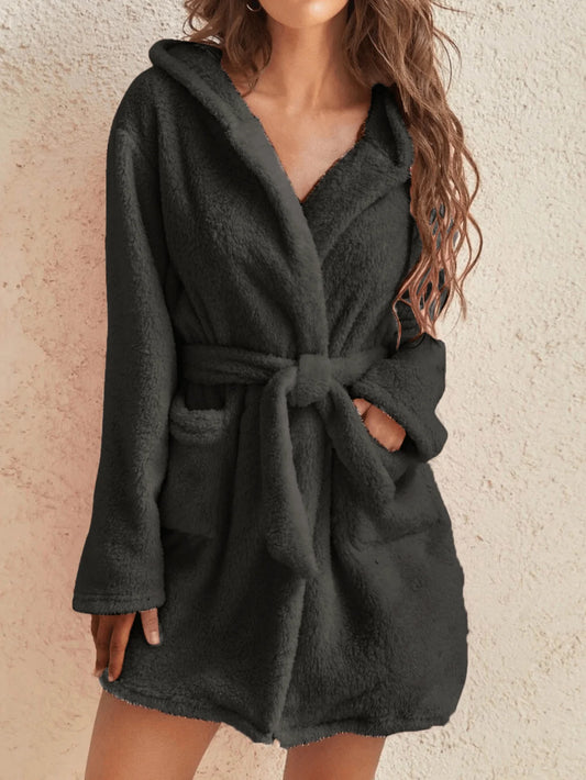 Women's blue hooded fleece robe with tie belt