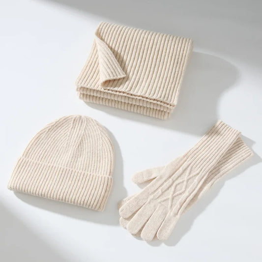 Knit beanie, scarf, and glove 3-piece winter set