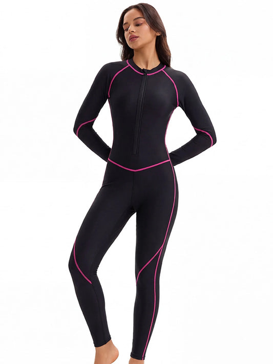 Women's rose red long-sleeve zip-front full-coverage surf swimsuit