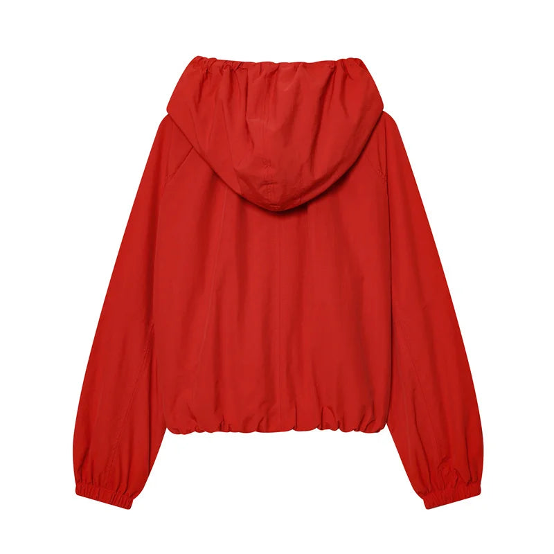 Red hoodie cardigan back view with drawstring hood
