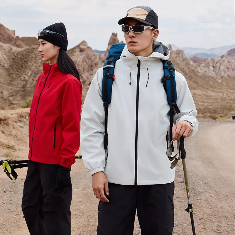 Close-up of waterproof fabric and zipper on hiking jacket