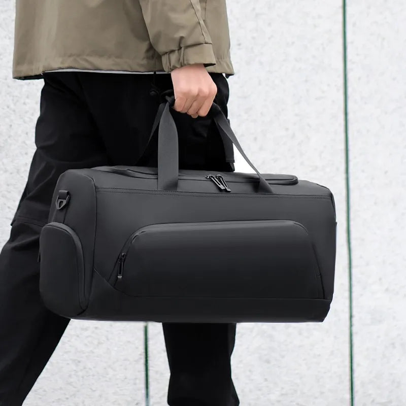 Close-up of shoe compartment zipper on duffel bag