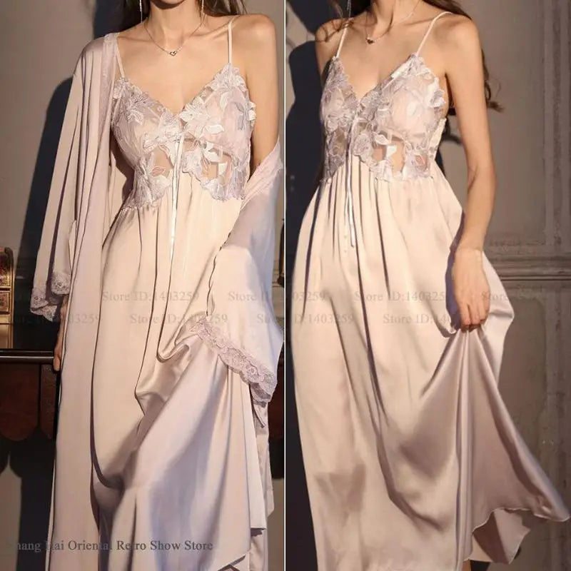 Women's pink lace nightgown and robe set, silky loungewear