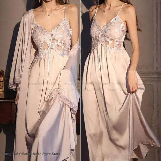 Women's pink lace nightgown and robe set, silky loungewear