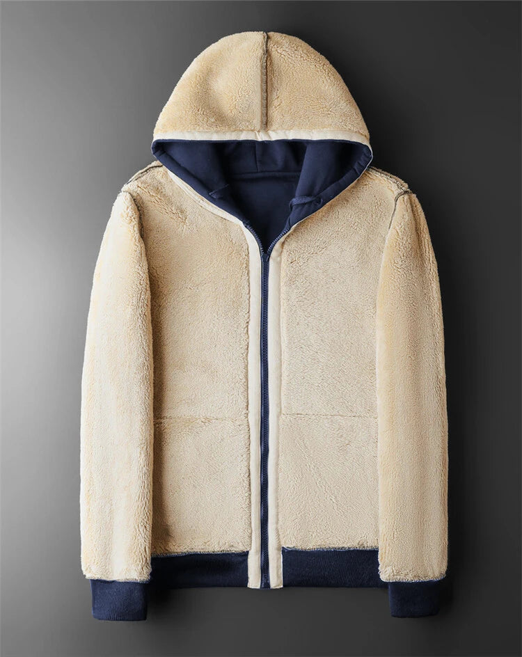 Close-up of thick fleece lining inside hooded winter coat