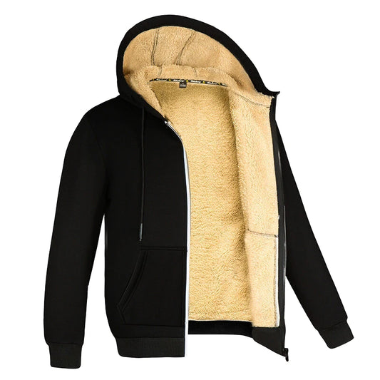 Black hooded fleece winter coat front view