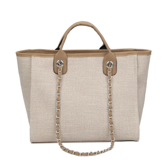 Canvas tote bag with chain accent shoulder strap