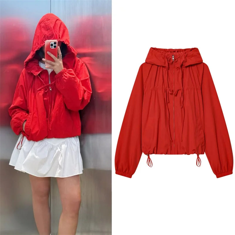 Women's red zip-up hoodie cardigan front view