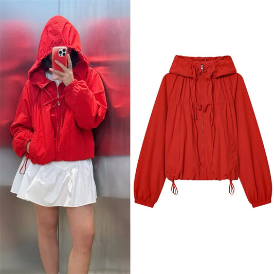 Women's red zip-up hoodie cardigan front view