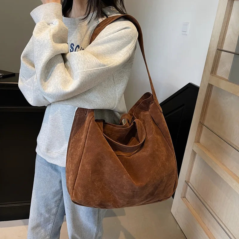 Vintage suede crossbody tote bag front view
