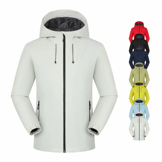 Waterproof hooded windbreaker jacket front view